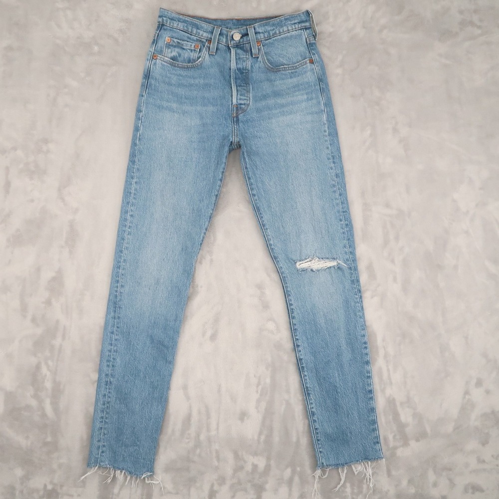 Levi Jeans Womens 26 Fit 26x30 Blue 501 S Skinny High Rise Distressed Raw Hem
